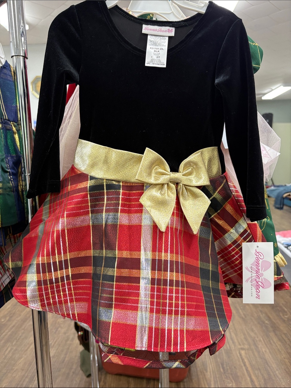 Bonnie Jean Black Velvet Top Red Plaid Skirt Dress with Gold Bow Accent